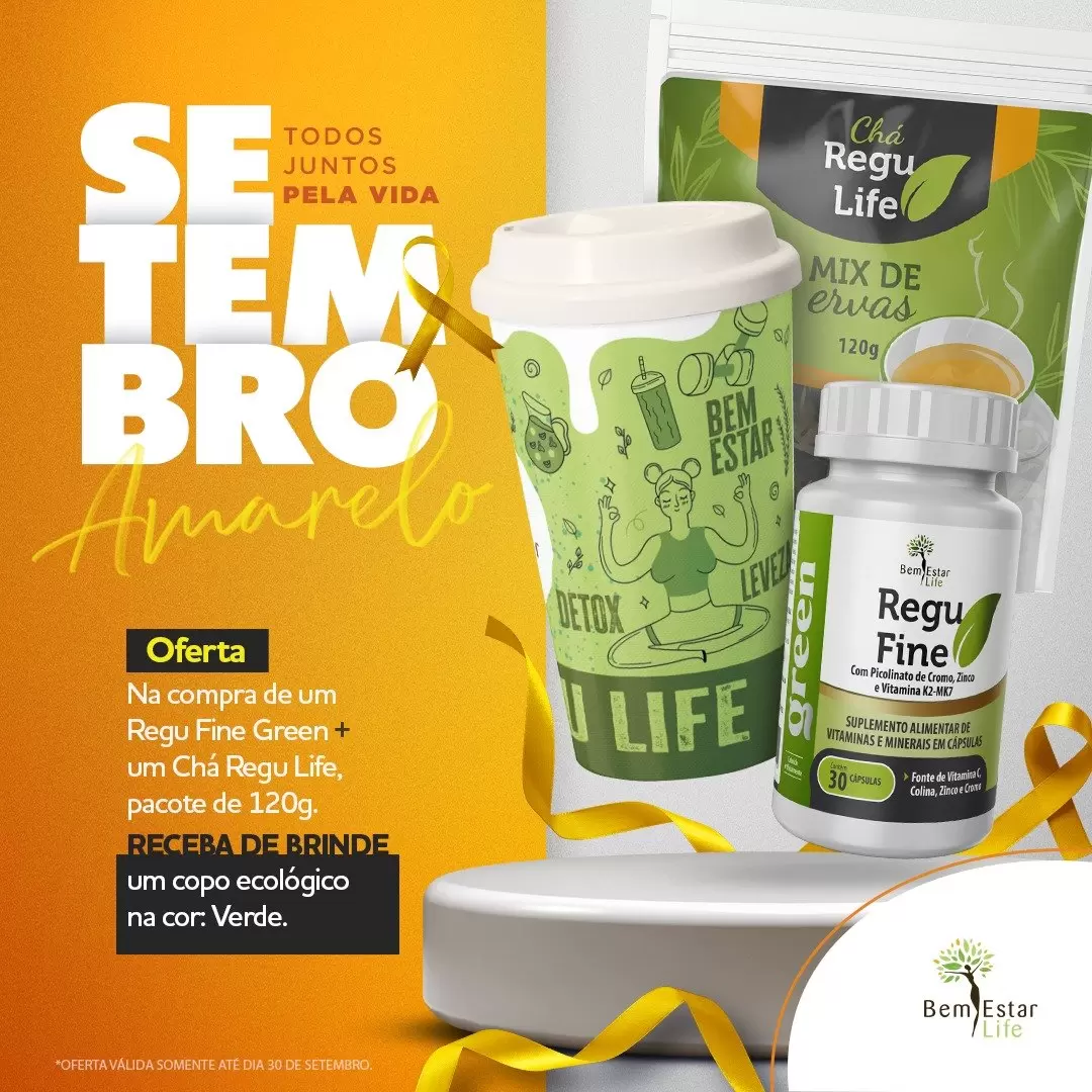 NA COMPRA DE REGU GREEN (DETOX) 30 CAPS. + CHÁ REGU LIFE PACOTE 120 GR. BRINDE COPO ECOLOGICO COR VERDE 550ML