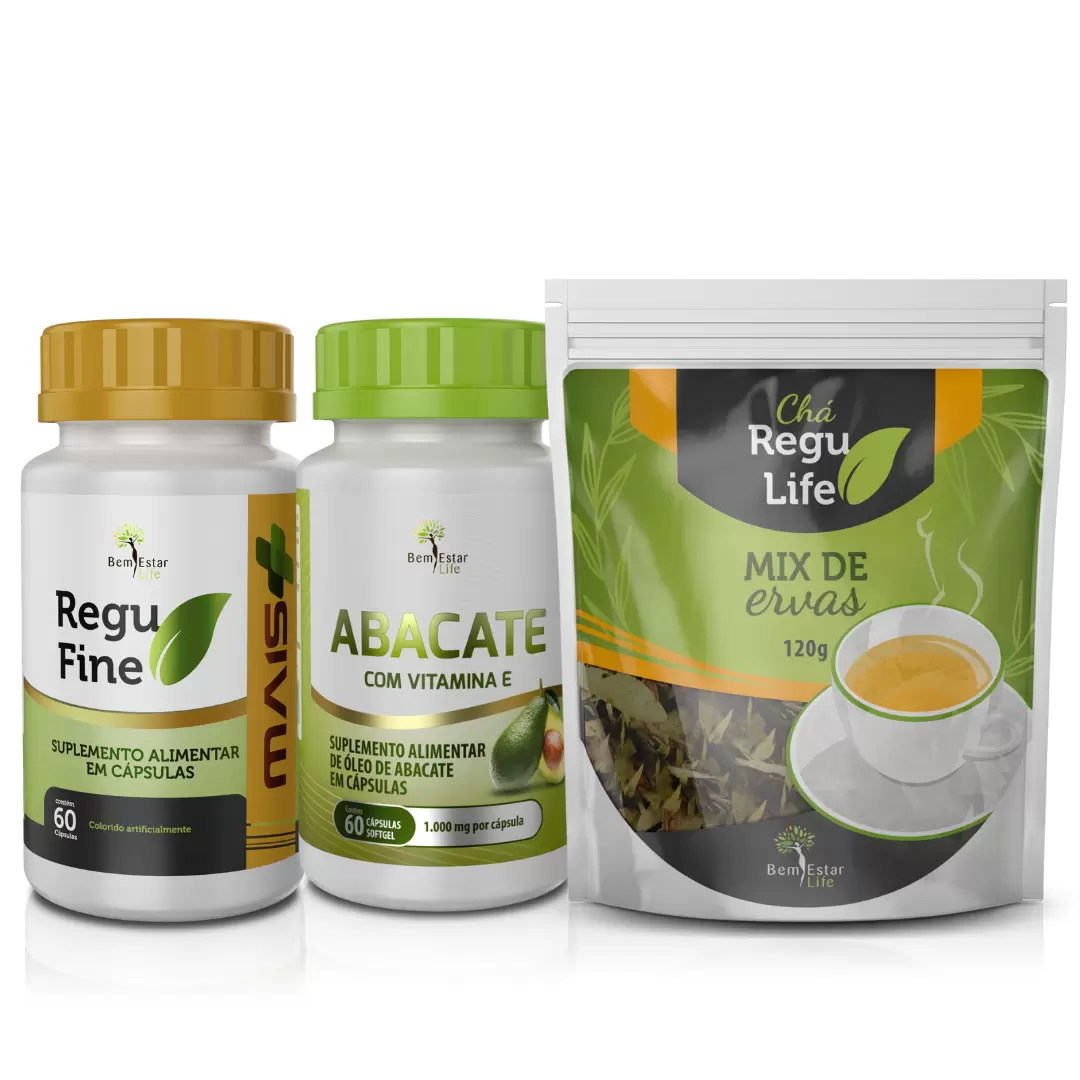 REGU FINE MAIS 60 CAPSULAS + CHA REGU LIFE 120G + OLEO DE ABACATE 60 CAPS