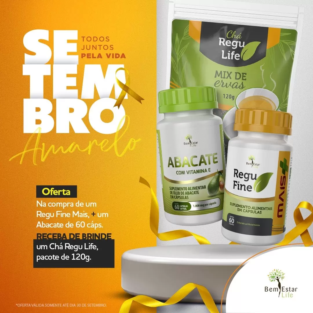 NA COMPRA DE REGU FINE MAIS + ABACATE DE 60 CAPSULAS - BRINDE CHÁ REGU LIFE PACOTE 120 GR.